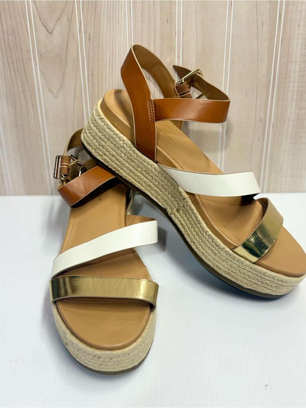 Tommy Hilfiger White, Tan & Gold Espadrille Platform Sandals
